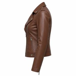 #   Veste en cuir marron pour femme, style motard ajusté, avec fermeture éclair aux poignets, manches longues, vêtement d'extérieur décontracté - Product Image 5