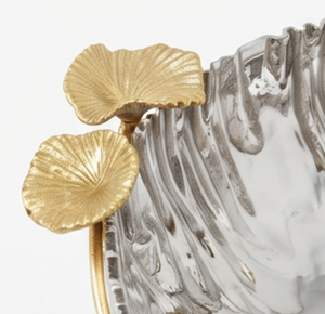 Bol décoratif élégant en argent avec accents de feuilles d'or, pièce maîtresse artisanale glamour pour mariage, cadeaux et décoration de salon - Product Image 3
