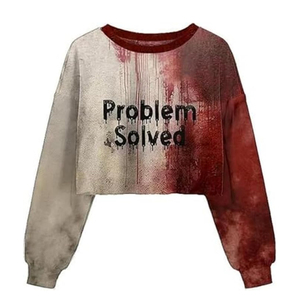 Trendy Spooky Season <b>Hoodie</b> Problem Solved Bloody Graphic Print Pullover High-Quality Loose <b>Halloween</b> Crop Sweatshirts for Women - Product Image 1