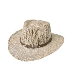 Straw Fedora <b>Hat</b> Breathable Hollow-Weave Cowboy Sun <b>Hat</b> with Leather <b>Band</b> Wide Brim Packable Y2K Style Beach Casual Panama - Product Image 1