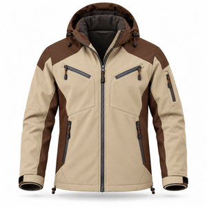 Veste Softshell d'hiver pour homme, personnalisable, à blocs de couleur, coupe-vent, décontractée, avec capuche, doublure Sherpa et poches zippées - Product Image 1