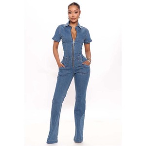 Combinaison en jean taille haute pour femme, manches courtes, col polo, dos nu, coupe droite, longueur intégrale, printemps-été, style streetwear - Product Image 2