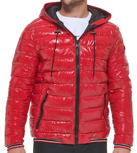 Veste d'hiver décontractée pour homme, en polyester épais, coupe-vent, avec capuche rouge et fermeture éclair - Product Image 1