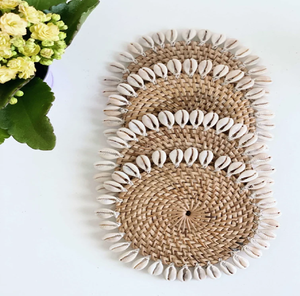 Handcrafted round rattan coasters with porcelain blue floral center inlay <b>for</b> drink <b>tables</b>, available at wholesale prices. - Product Image 3