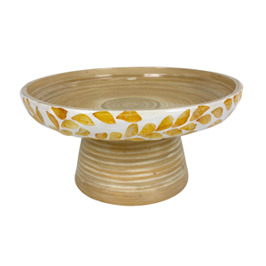 Bol de fruits rond en bambou fait à la main avec piédestal d'incrustation de Capiz de feuille jaune pour la décoration intérieure de cuisine pour les fêtes - Product Image 1