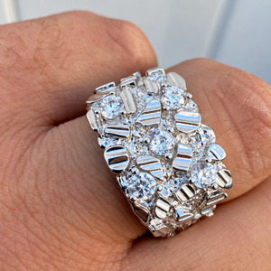 Bague pour homme en argent 925 avec moissanite taille diamant rond, large bande de style affirmé, design géométrique, bijoux de mode de luxe entièrement pavés - Product Image 4