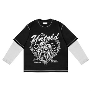 เสื้อยืดแขนสั้นผู้ชายสไตล์สตรีทแวร์ขายส่ง ผ้าฝ้าย 100% พิมพ์โลโก้ตามสั่ง เสื้อยืดแขนยาวสองชั้นสไตล์วินเทจสำหรับผู้ชาย - Product Image 2