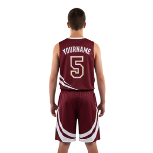 Ensemble d'uniformes de basketball personnalisés pour hommes, bordeaux et blanc, maillot sans manches à col rond, short avec bordure à rayures incurvées, numéro d'équipe, kit de vente en gros - Product Image 2