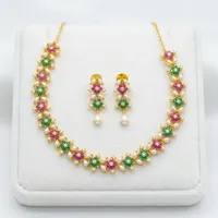 Set Kalung Mutiara Zirkon Berlapis Emas Pengantin India Pola Bunga Etnik Grosir Perhiasan Pernikahan Mewah Paduan Logam Anting Wanita