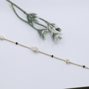 Elegant Solid Yellow Gold Bezel Set Lab Diamond Station <b>Bracelet</b> Black <b>Bead</b> Link Chain Dainty Mangalsutra Wristlet Custom Fine - Product Image 1