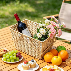Cesta de Picnic Rectangular de Mimbre con Tapa, Asas Plegables Dobles, Cesta de Almacenamiento de Alimentos y Vino Tejida a Mano para Acampar al Aire Libre - Product Image 3
