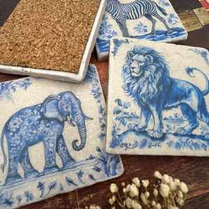 Premium Watercolour <b>Marble</b> <b>Coaster</b> Set Lion Elephant Design Natural Stone Handmade Finish Luxury Home Decor Table Coffee - Product Image 5