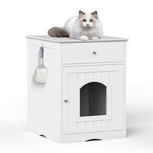 Casetta per Gatti in Legno Bianca XXL con Lettiera Integrata, Ampio Spazio Interno, Cassetto e Tavolino Laterale - Comodino per Gatti Economico - Product Image 2
