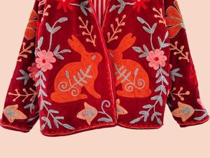 <b>Women's</b> Red <b>Velvet</b> Embroidered <b>Jacket</b> with Mandarin Collar and Rabbit Floral Pattern Rabbit Pattern <b>Jacket</b> <b>Women</b> Floral Embroid - Product Image 3