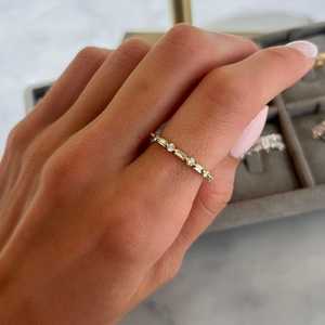 Baguette Round Cut Lab Grown Diamond Stackable <b>Rings</b> 10K 14K 18K Solid Gold Minimalist <b>Thin</b> Half Eternity Wedding Matching Band - Product Image 2