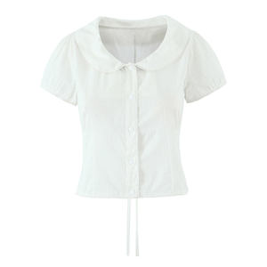 Women’s White Cotton Crop <b>Top</b> Peter Pan Collar Button Up Lace Up Short Sleeve Casual Summer Fashion Tee - Product Image 1