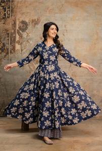 <b>Women</b> Traditional Blue Cotton Digital Print Knee-Length Quick Dry Regular Fit Casual All Season India Pakistan Style <b>Kurti</b> Set - Product Image 5