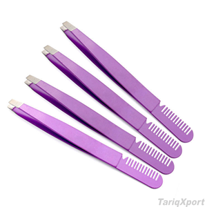 Pinza para Cejas de Acero Inoxidable Morado con Punta Inclinada y Peine 2 en 1, Herramienta de Belleza para Extensión de Pestañas - Product Image 6