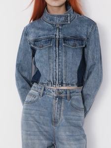 Chaqueta vaquera corta unisex OEM ODM, azul, con logo, cuello alto, botones, estilo locomotora, para hombre y mujer, venta al por mayor - Product Image 4