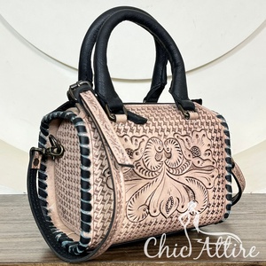 Superbe Sac à Main Western en Cuir Véritable « Speedy » Nouveau Motif Floral Aigle Sculpté, avec Poignée Supérieure et Bandoulière, Petit Sac de Voyage - Product Image 1