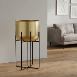 Modern Gold Metal Planter with <b>Tall</b> Black <b>Stand</b> Minimalist Cylindrical Flower Pot Holder for Indoor <b>Plants</b> Living Room Office - Product Image 2