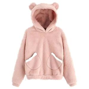 เสื้อฮู้ดขนแกะสีน้ำตาล มีหูหมีและกระเป๋าเสื้อ ทรงโอเวอร์ไซส์ ใส่ได้ทั้งชายและหญิง เสื้อโค้ทลำลองสำหรับฤดูหนาว เสื้อฮู้ดขนเฟอร์ - Product Image 3
