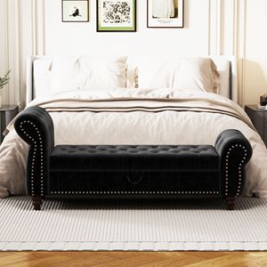 Panca letto imbottita in velluto nero da 164 cm con chiusura a bottoni e chaise longue contenitore per camera da letto - Product Image 3