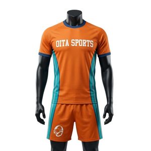 Ensemble short et maillot de netball sublimé pour homme, orange et turquoise, en polyester léger, uniforme de sport avec empiècements latéraux, pour entraînement et match - Product Image 1