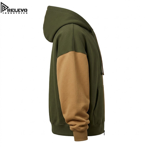 Sudadera con capucha de algodón grueso personalizada al por mayor, unisex, con cremallera completa, bicolor verde oliva y marrón camel, estilo urbano - Product Image 3