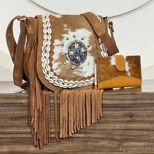 Nuevo Conjunto Personalizado de 2 Piezas para Mujer 2026, Bolso Bandolera de Cuero Genuino con Flecos, Juego de Cartera Estilo Western Premium, Venta al Por Mayor - Product Image 5
