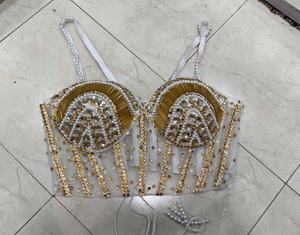 Hand-Embellished White <b>Corset</b> Bustier with Pearls, Rhinestones & <b>Gold</b> Beading - Product Image 1