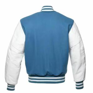 Men's Blue Varsity <b>Jacket</b> With White Sleeves Turn-down Collar Button Closure Preppy Style Autumn Wear - Product Image 5
