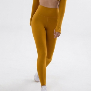 High Waist Full Length Solid Color Yoga <b>Leggings</b> Seamless Elastic Waist <b>Orange</b> Logo On Right Leg - Product Image 5