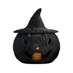 Portavelas de mimbre negro con forma de calabaza Jack O' Lantern, sombrero de bruja, hecho a mano, para almacenamiento de dulces de Halloween, decoración interior - Product Image 1