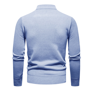 Pull tricoté décontracté pour homme en laine/nylon bleu uni, col montant, manches longues, fermeture éclair quart de tour, poignets côtelés, personnalisable - Product Image 2