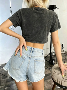Women's Crop <b>Top</b> T-Shirt Crew Neck Short Sleeve <b>Patchwork</b> Print Casual Summer Style 100% Cotton Jersey Breathable Fit - Product Image 3