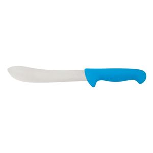 Couteaux de boucher à manche bleu avec lame à pointe arrondie argentée, poignée ergonomique incurvée et protège-doigts pour la découpe de viande et des aliments - Product Image 1