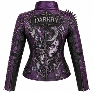Veste en cuir véritable violet foncé pour femme, style gothique, avec imprimé visage, cloutée, fermeture éclair croisée aux épaules, manteau de motard, fournisseur d'usine - Product Image 2