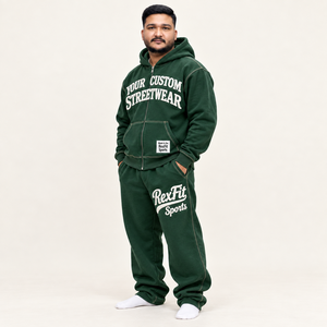 Ensemble sweat à capuche et pantalon de survêtement RexFit pour homme, vert, en coton French Terry, streetwear, fermeture éclair intégrale, imprimé, respirant, 440g, pour l'automne - Product Image 2