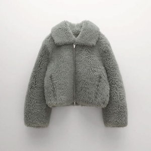 Veste polaire multicolore unisexe à fermeture éclair courte, décontractée, pour l'hiver, épaisse, couleur unie, col rabattu, manches classiques - Product Image 3