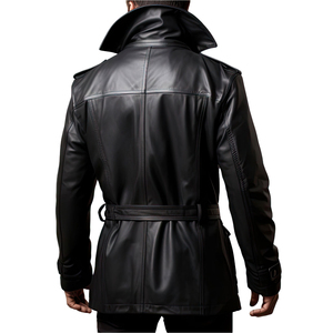 Abrigo Largo de Cuero Genuino para Hombre, con Solapa Entallada, Cinturón, Grueso, Manga Regular, Color Negro - Product Image 2