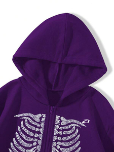 Sudaderas con capucha de algodón polar moradas con cremallera completa y gráfico de esqueleto de diamantes de imitación, estilo streetwear personalizado para hombre, proveedor de producción de ropa al por mayor - Product Image 4