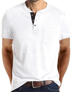 T-shirt Henley à manches courtes en coton blanc uni pour homme, coupe ajustée, avec poche, style décontracté - Product Image 1