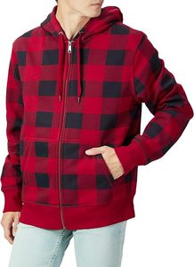 Men's Buffalo Plaid Full <b>Zip</b> <b>Hoodie</b> Red & <b>Black</b> Checkered Fleece <b>Zip</b>-<b>Up</b> Hooded Sweatshirt Jacket with Drawstring Hood - Product Image 2