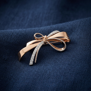 14K Rose Gold <b>Bow</b> Brooch Diamond Ribbon Pin Elegant Jewelry <b>Gift</b> for Unisex Engagement Wedding Party - Product Image 2