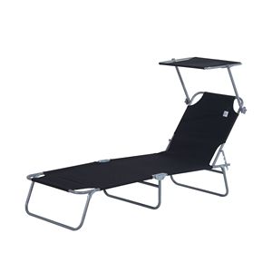 Outdoor <b>Pool</b> Folding <b>Tanning</b> Lounge Chair with Sun Shade Black Olefin Cushion & Aluminum Frame for Poolside Use - Product Image 1