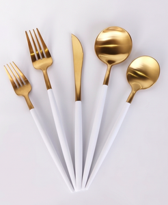 Modern Flatware Set With White Handles And Gold <b>Mirror</b> Finish Dishwasher Safe For Wedding Cutlery And Home Use - Product Image 1
