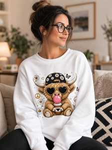 Sweat-shirt personnalisé OEM pour femme, doublé, écologique, respirant, en molleton de coton, col rond, imprimé numériquement avec motif vache des Highlands - Product Image 4