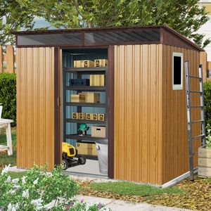 Abri de jardin en métal couleur café de 2,4 m x 1,8 m avec fenêtre et plaque transparente pour jardin et pelouse - Product Image 1