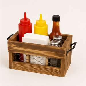 Handcrafted Rustic Wooden Cutlery Holder And Napkin <b>Caddy</b> With Chicken Wire Panel 4-Compartment Vintage Tabletop Utensil Holder - Product Image 2